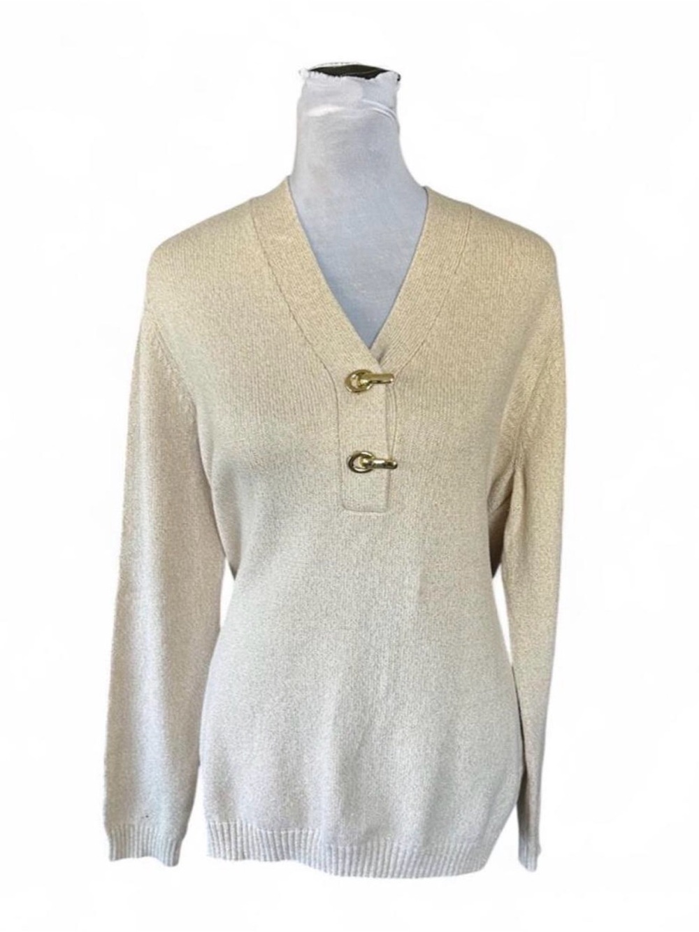 Charter Club Cream V-Neck Sweater with Gold Toggle Details